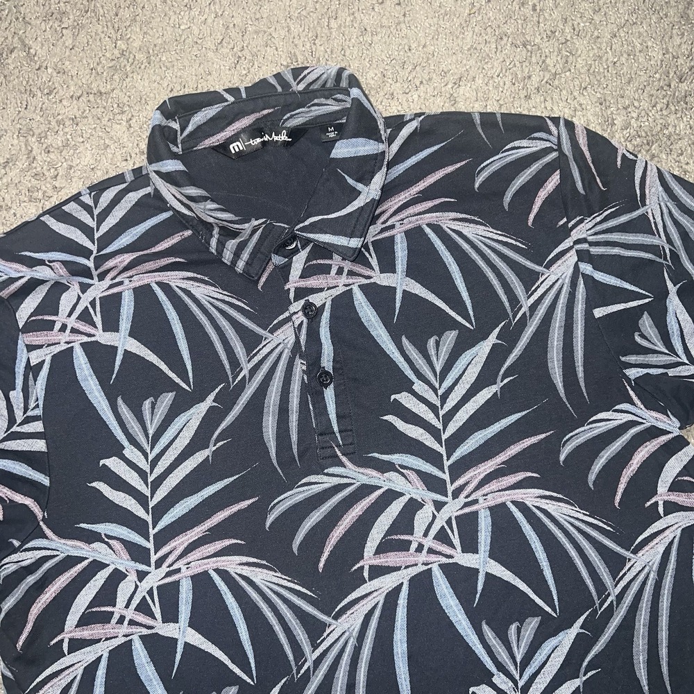 Travis Mathew Sea Journey Golf Polo Shirt Mens L Black Floral Leaf Print